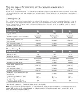 Rate plan options for separating Sprint employees and Advantage ...