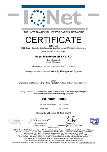 Annex to IQNet Certificate Number: 003678 QM08 - Hager