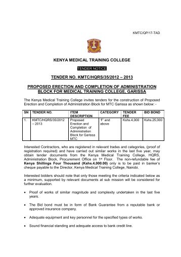 restricted tenders - mathare, garissa and homabay mtc ... - KMTC