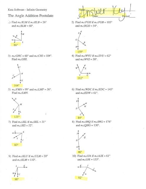 The Angle Addition Postulate Answer Key