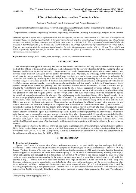 Effect of Twisted-tape Inserts on Heat Transfer in a Tube - The Joint ...