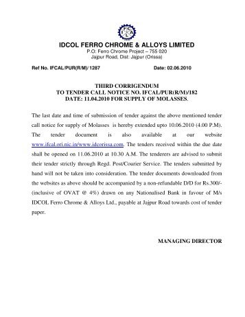 IDCOL FERRO CHROME & ALLOYS LIMITED - Tender