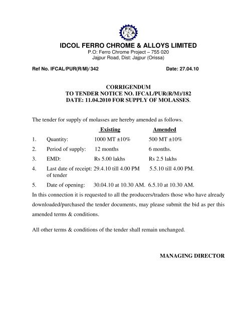 IDCOL FERRO CHROME & ALLOYS LIMITED - Tender