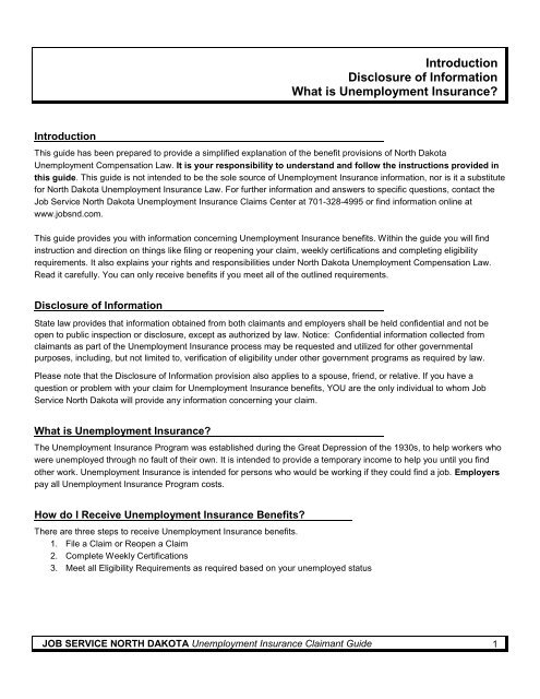 Unemployment Insurance Claimant Guide - Job Service North Dakota