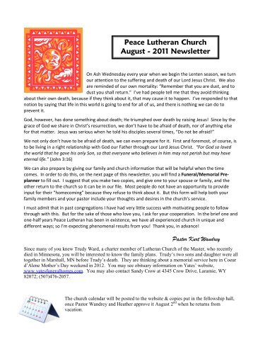 August Newsletter 2011 - Peace Lutheran Church