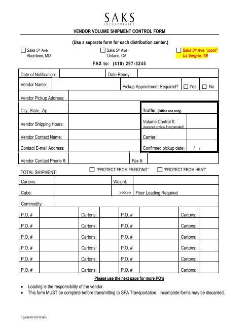 please fax this request to sfa transportation fax - Saks Incorporated