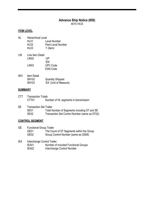 EDI Mapping Specifications 4010  VICS - Saks Incorporated