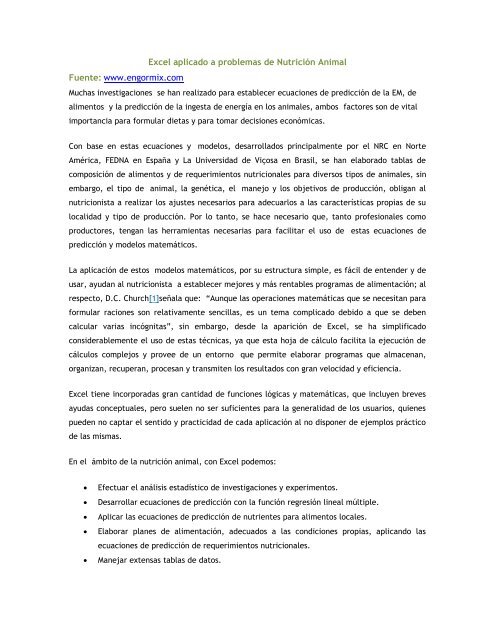 Excel aplicado a problemas de Nutricion Excel aplicado a problemas de Nutricion