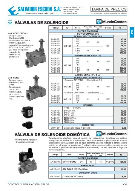 Tarifa de Precios - Control y Regulación - Calor - Salvador Escoda SA