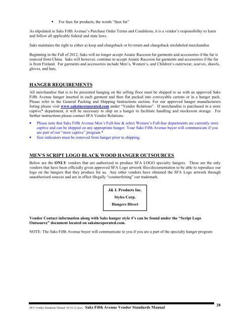 Vendor Standards Manual - Saks Incorporated