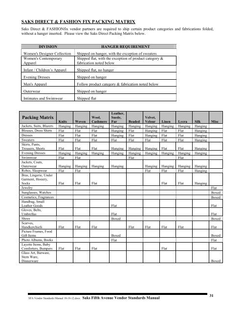 Vendor Standards Manual - Saks Incorporated