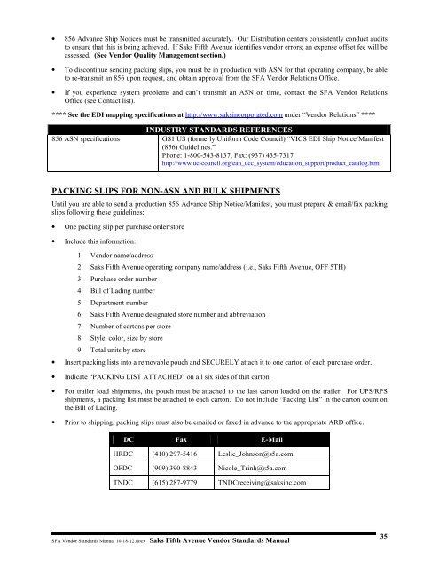Vendor Standards Manual - Saks Incorporated
