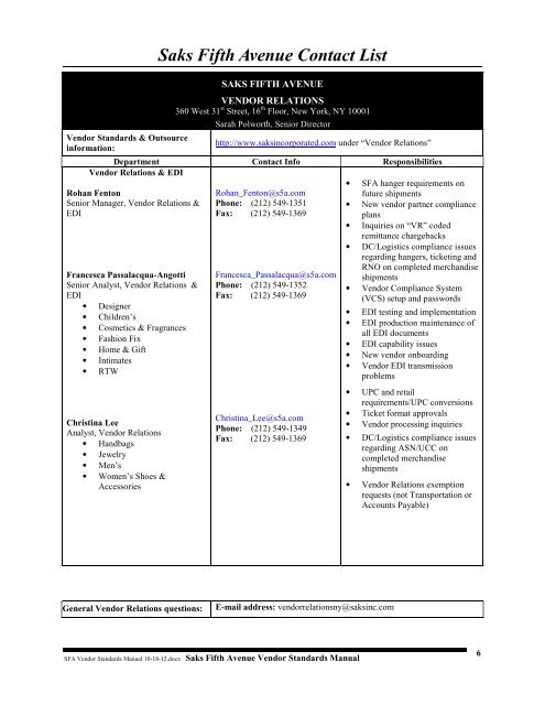 Vendor Standards Manual - Saks Incorporated