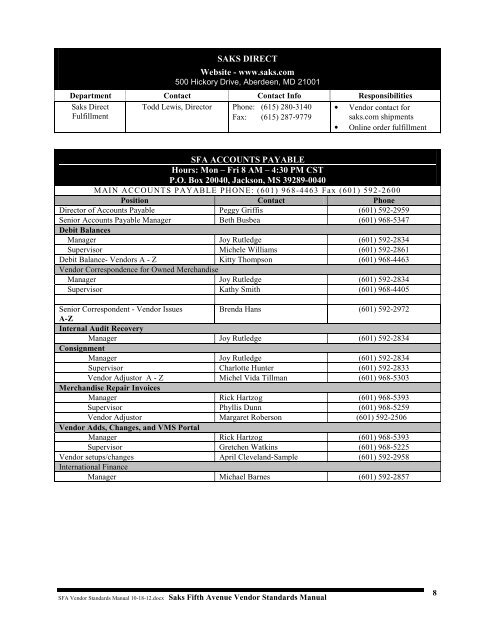 Vendor Standards Manual - Saks Incorporated