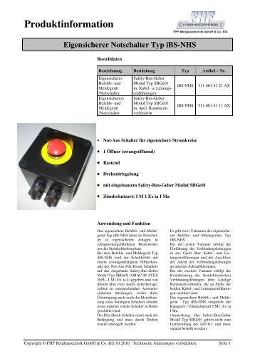 Eigensicherer Notschalter Typ iBS-NHS - FHF-BT