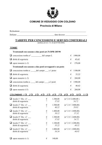 tariffe per concessioni e servizi cimiteriali - Comune di Veduggio con ...