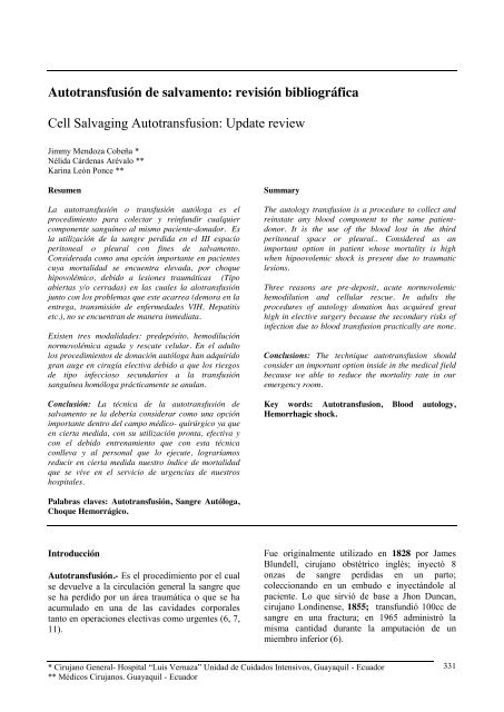 AutotransfusiÃ³n de salvamento: revisiÃ³n ... - Revista Medicina