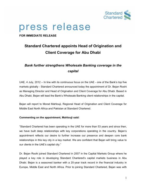 FOR IMMEDIATE RELEASE - Standard Chartered Bank