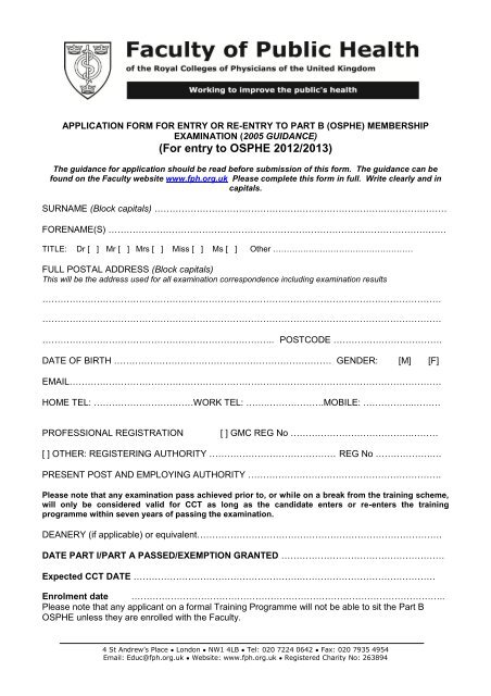 FPH Part B/OSPHE application form - Faculty of Public Health