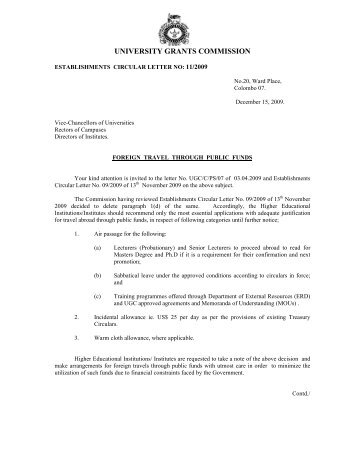 Establishment Circular Letter No. 11/2009 - University Grants ...