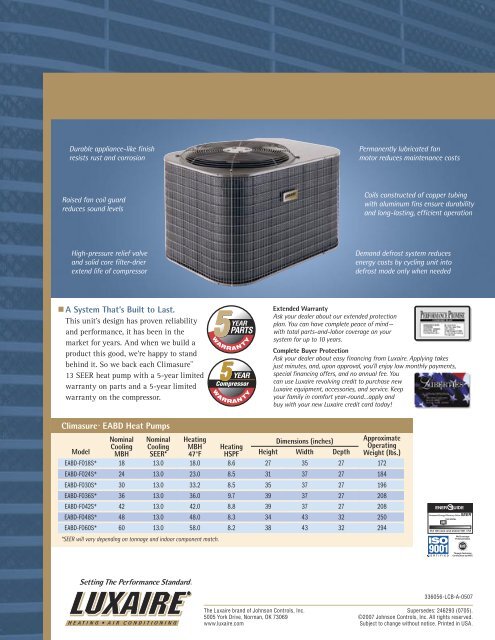 Climasure EABD Series 13+ SEER Heat Pumps from Luxaire ...
