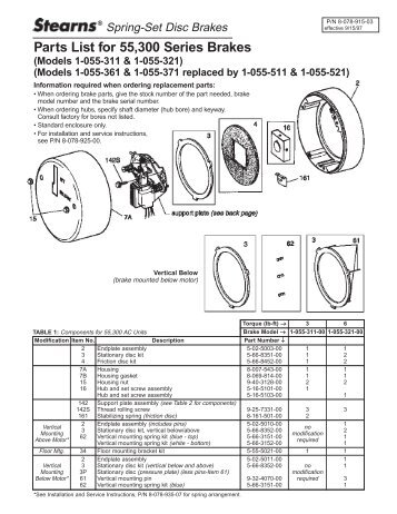 Parts List for 55,300 Series Brakes - Stearns - Rexnord