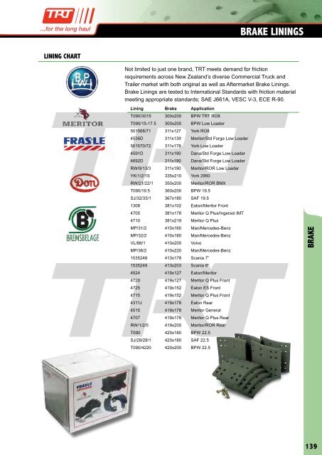 Meritor Brake Lining Chart