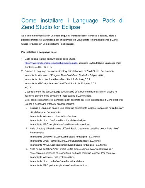 Come installare i Language Pack di Zend Studio for Eclipse