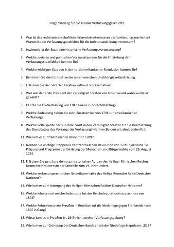 Fragenkatalog Klausur Verfassungsgeschichte