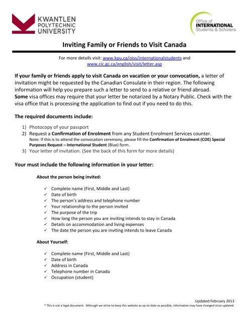 Inviting Family or Friends to Visit Canada - Kwantlen Polytechnic ...