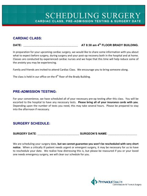 Pre-admission testing, class and surgery date