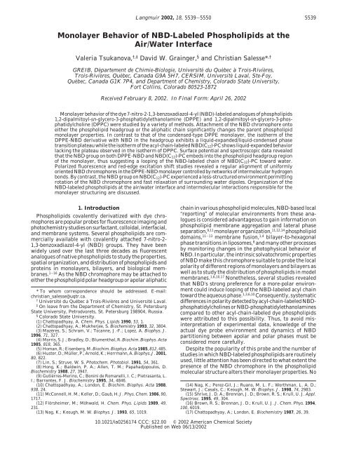 Monolayer Behavior of NBD-Labeled Phospholipids at the Air/Water ...