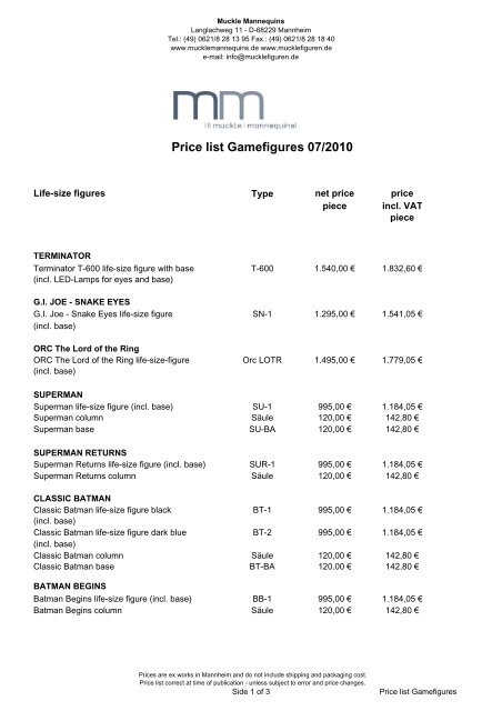 Price list Gamefigures 07/2010 - mucklefiguren