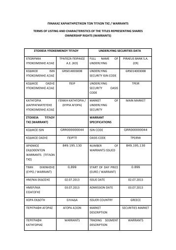 πινακας χαρακτηριστικων των τιτλων τχς / warrants - Piraeus Bank