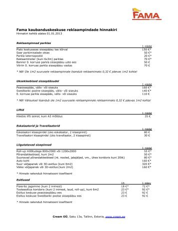 Fama kaubanduskeskuse reklaampindade hinnakiri - Cream OÃ