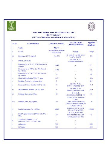 SPECIFICATION FOR MOTOR GASOLINE BS IV Category (IS 2796 ...