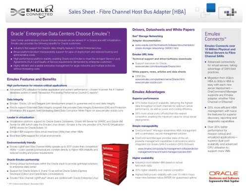 Sales Sheet - Fibre Channel Host Bus Adapter (HBA) - Emulex
