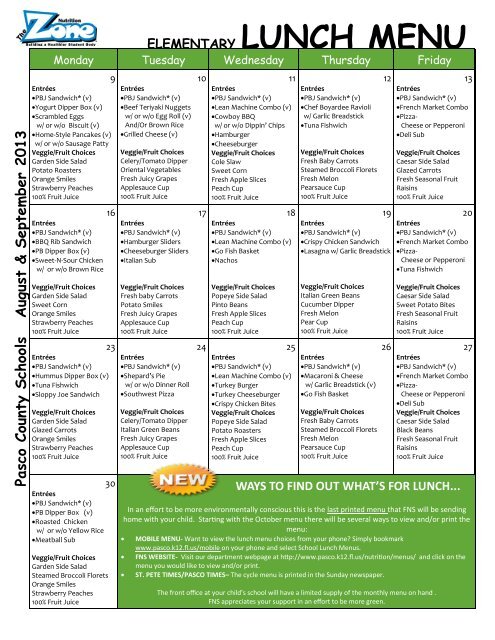 Elementary School Lunch Menu - Pasco County Schools