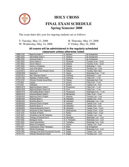 HOLY CROSS FINAL EXAM SCHEDULE Spring Semester 2008