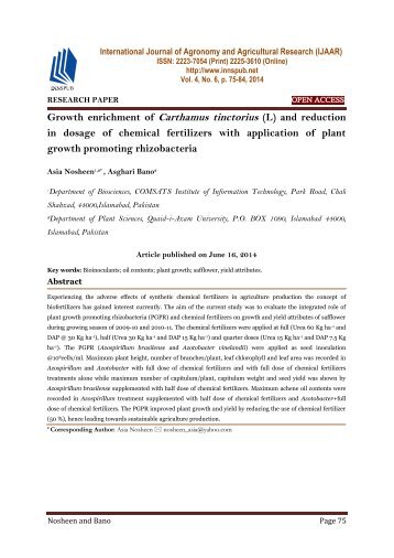 Growth enrichment of Carthamus tinctorius (L) and reduction in dosage of chemical fertilizers with application of plant growth promoting rhizobacteria