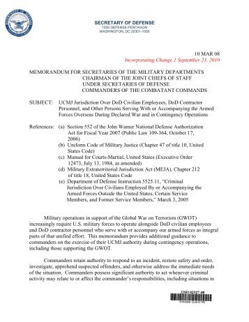 DTM 08-009, UCMJ Jurisdiction Over DOD Civilian Employees ...