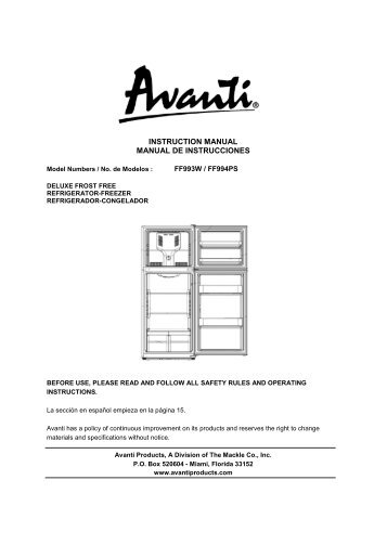 Model FF993W - 10.1 Cu. Ft. Frost Free Refrigerator - Avanti Products