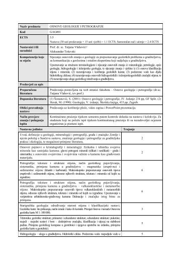 Naziv predmeta OSNOVE GEOLOGIJE I PETROGRAFIJE Kod ...