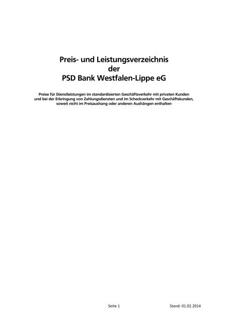 Preisverzeichnis - PSD Bank Westfalen-Lippe eG