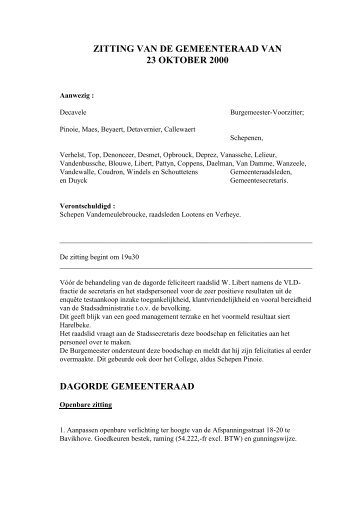 zitting van de gemeenteraad van 23 oktober 2000 - Stad Harelbeke