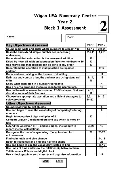 Year 2 Block 1 Assessment Part 1 - Wigan Schools Online
