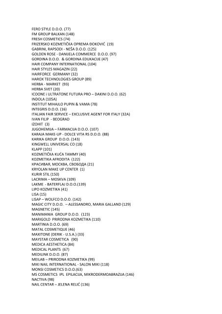 List of exhibitors at 17th Cosmetic fair: - Sajam kozmetike