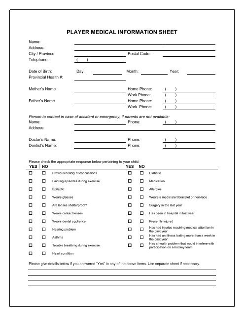 PLAYER MEDICAL INFORMATION SHEET - Hockey Calgary