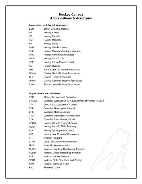 Abbreviations &amp; Acronyms - Hockey Calgary