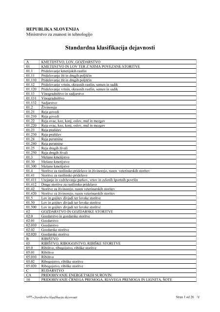 Standardna klasifikacija dejavnosti - Ministrstvo za visoko Å¡olstvo ...